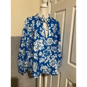 Zara Blouse Womens Large Blue White Floral Tie Neck Ruffle Collar Long Sleeve